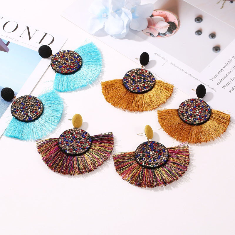 Stylish Colored Diamond Fan-shaped Tassel Bohemian Earrings