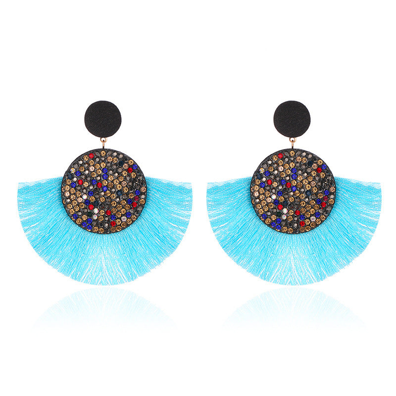 Stylish Colored Diamond Fan-shaped Tassel Bohemian Earrings