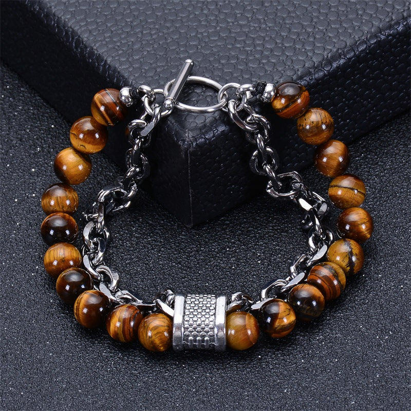 Men's Natural Tigereye Beaded Stainless Steel Stone Metal Bracelets