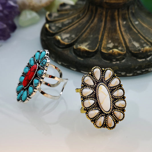 Ancient Sier-plated Turquoise Gold Ivory White Rings