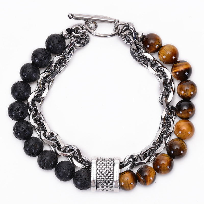 Men's Natural Tigereye Beaded Stainless Steel Stone Metal Bracelets