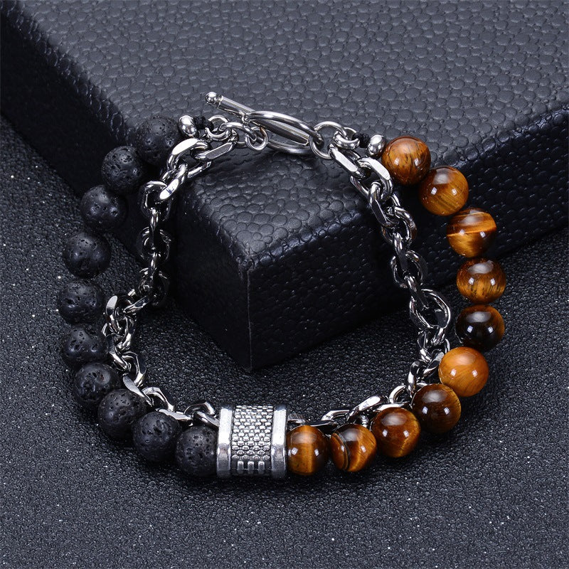 Men's Natural Tigereye Beaded Stainless Steel Stone Metal Bracelets