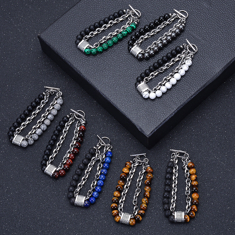 Men's Natural Tigereye Beaded Stainless Steel Stone Metal Bracelets