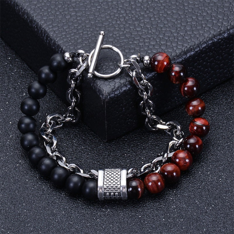 Men's Natural Tigereye Beaded Stainless Steel Stone Metal Bracelets