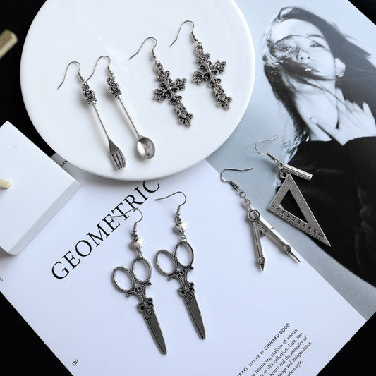 Retro Sier Ear Clip Cold Trendy Personalized Spoon Fork Square Earrings