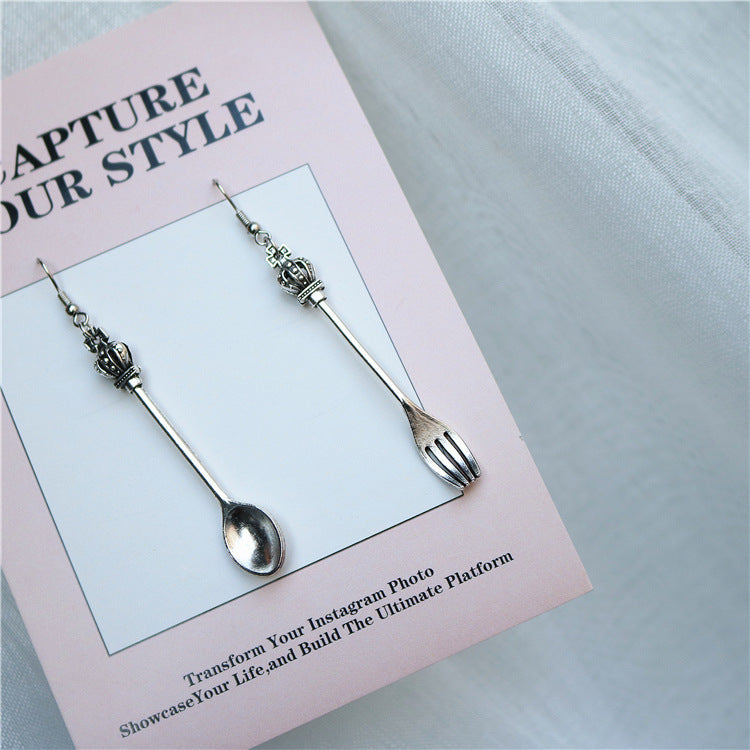 Retro Sier Ear Clip Cold Trendy Personalized Spoon Fork Square Earrings