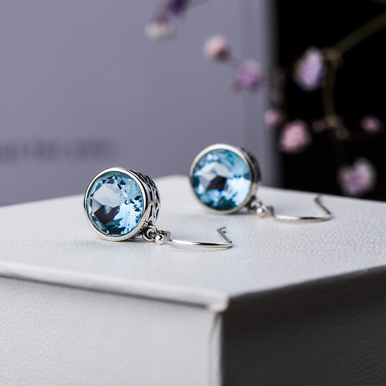 Popular Austrian Crystal Square Sea Blue Simple Style Ear Hook Stud Earrings