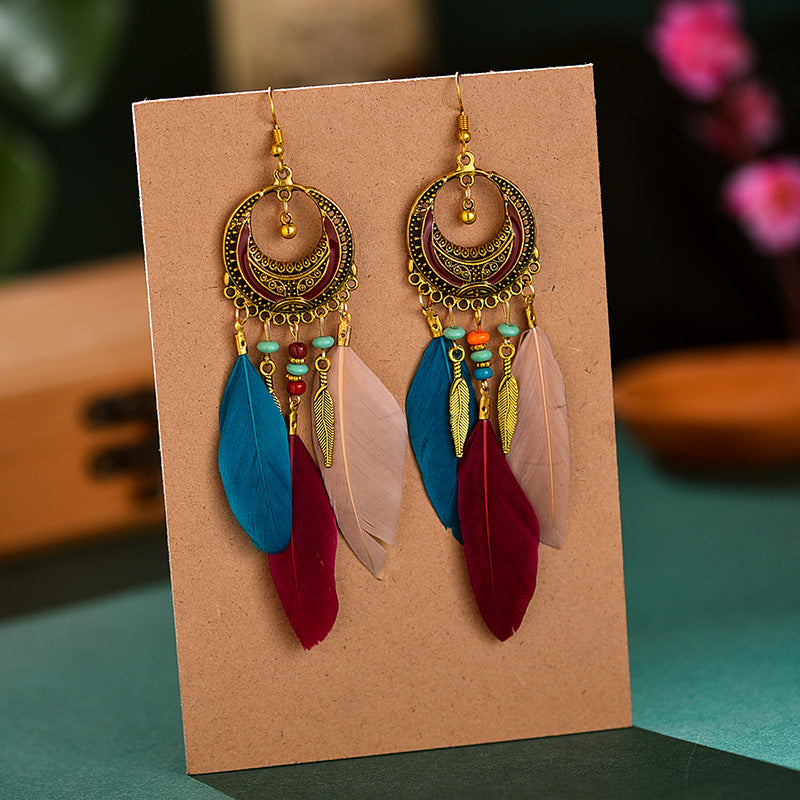 Women's Crescent-shaped Long Wine Red Feather Tassel For Retro Earrings