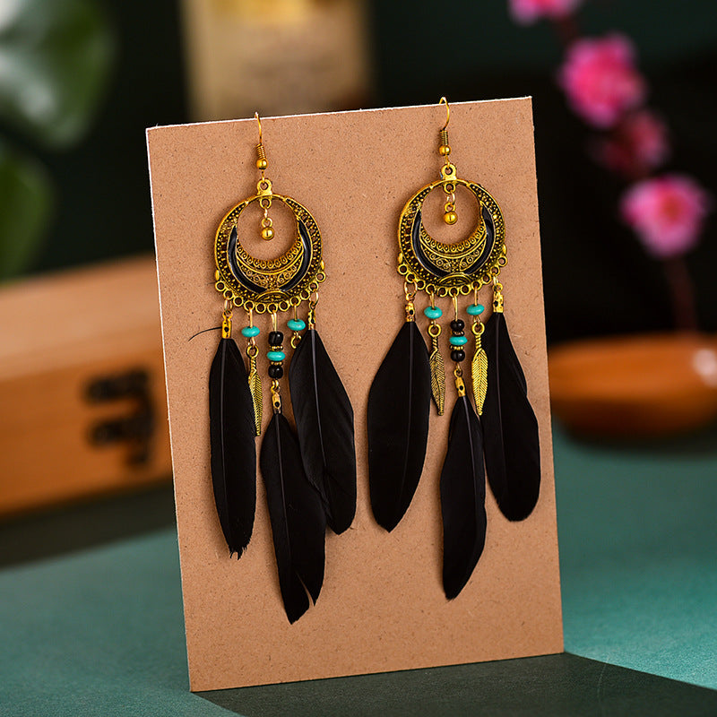 Women's Crescent-shaped Long Wine Red Feather Tassel For Retro Earrings