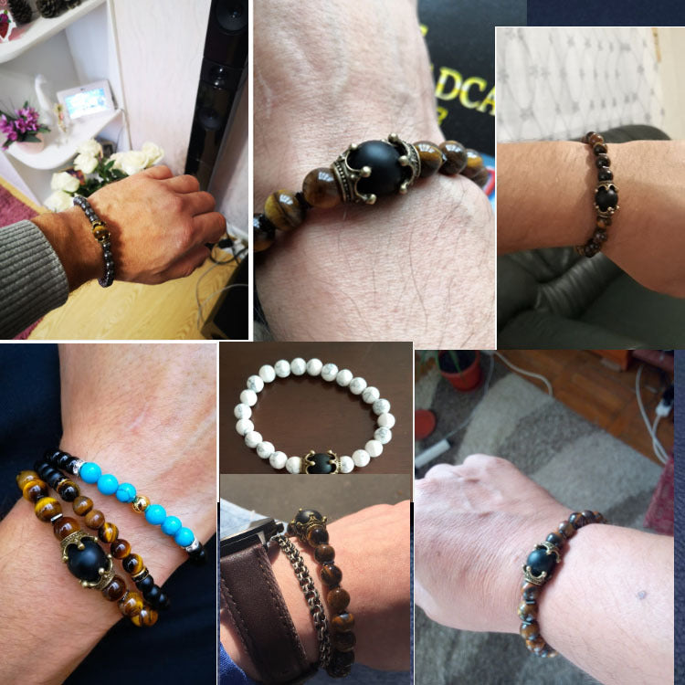 Men's Fashion Luxury Alloy Crown Tigereye Beads Bracelets