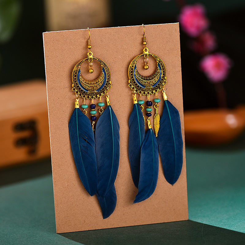 Women's Crescent-shaped Long Wine Red Feather Tassel For Retro Earrings