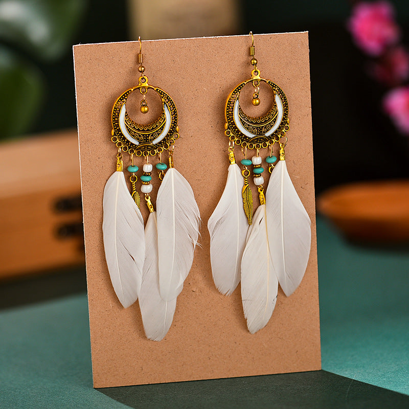 Women's Crescent-shaped Long Wine Red Feather Tassel For Retro Earrings