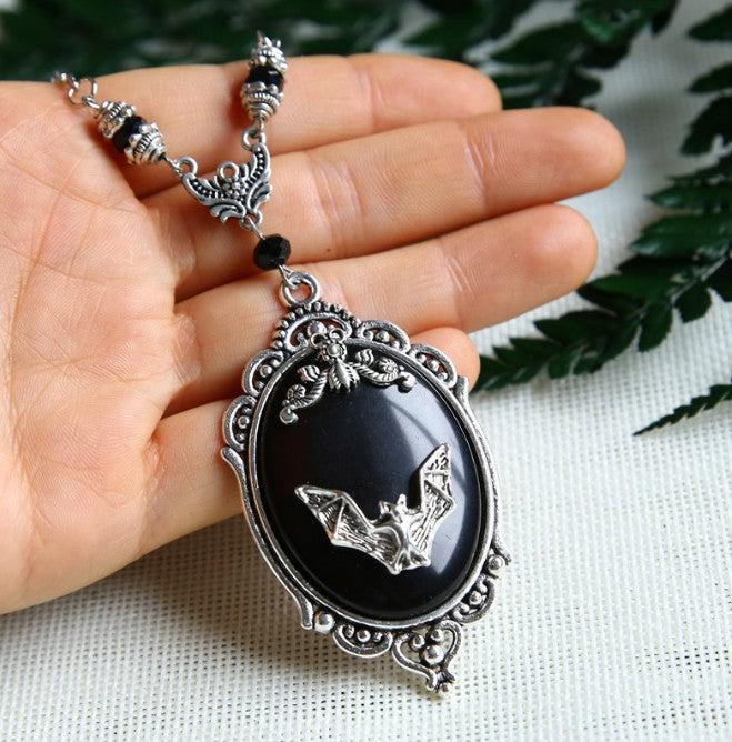 Halloween Personalized Animal Bat Black Onyx Necklaces