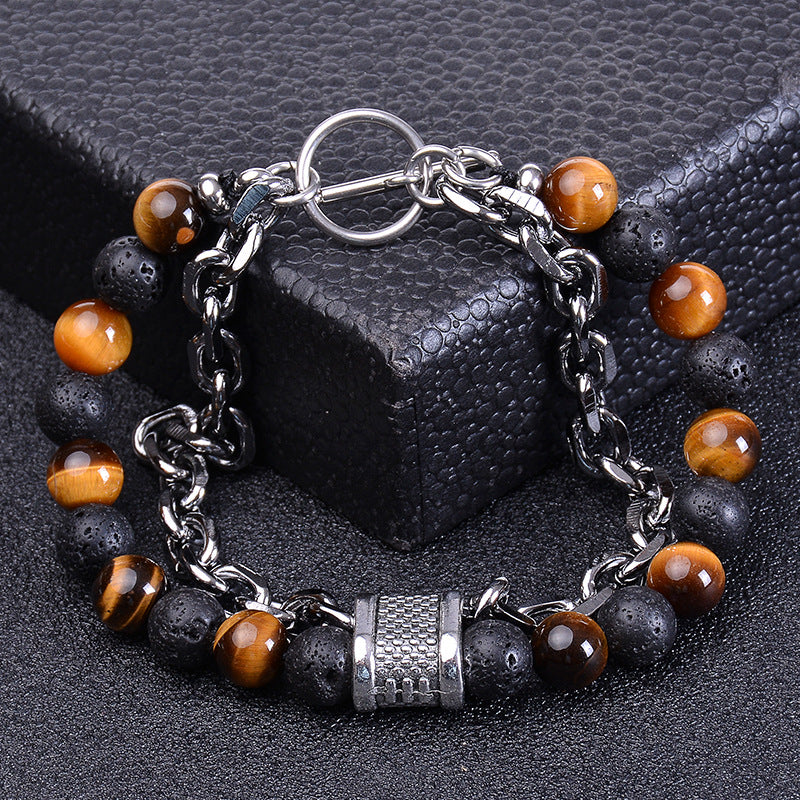 Men's Natural Tigereye Beaded Stainless Steel Stone Metal Bracelets