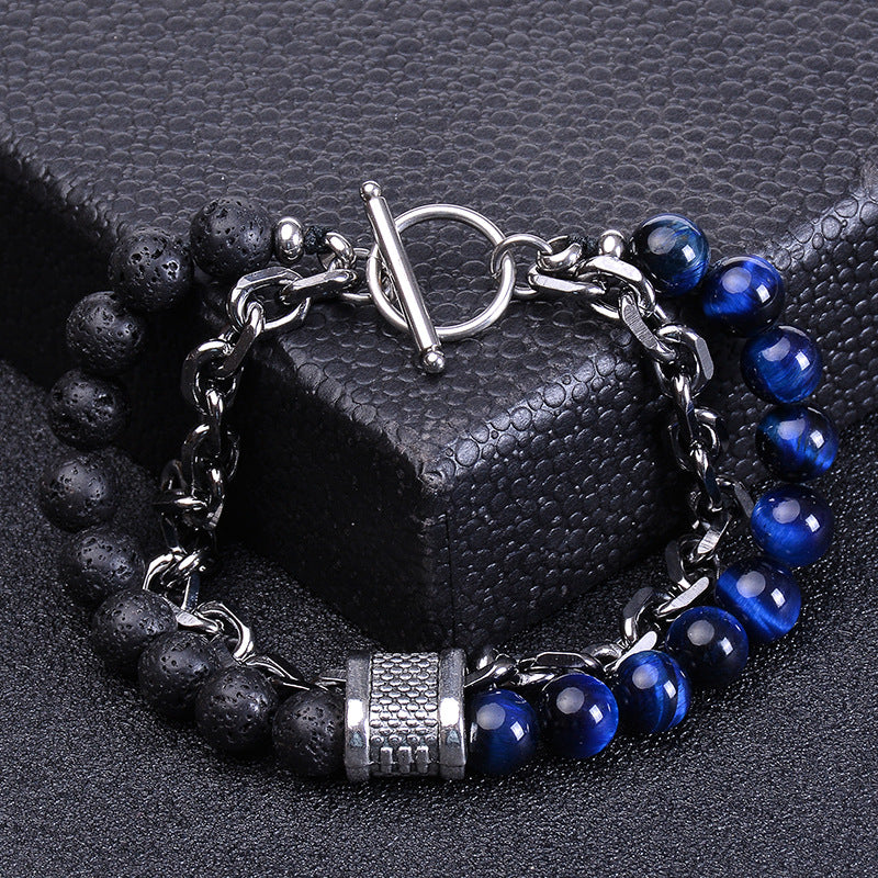 Men's Natural Tigereye Beaded Stainless Steel Stone Metal Bracelets