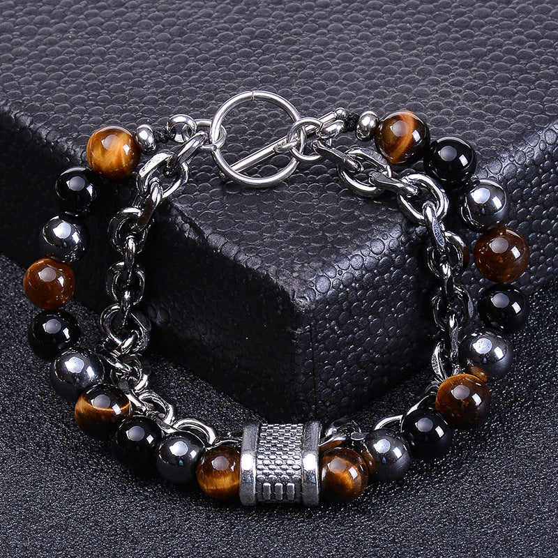 Men's Natural Tigereye Beaded Stainless Steel Stone Metal Bracelets