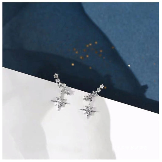 Sier Elegant Personality Rhinestone Star Korean Earrings