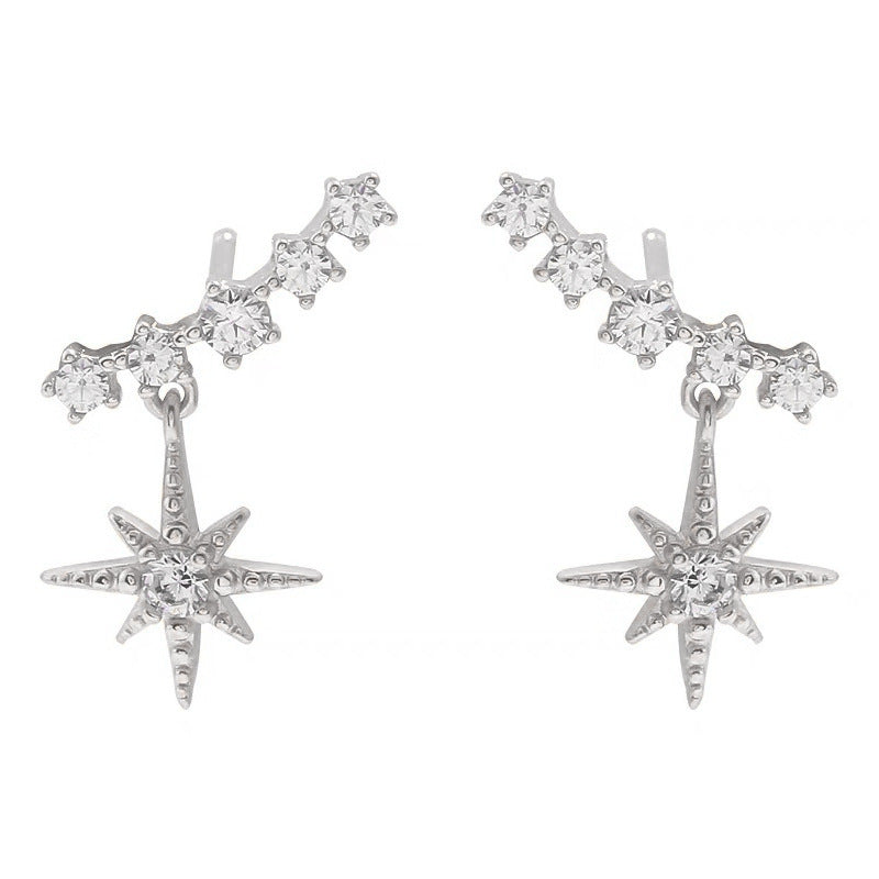 Sier Elegant Personality Rhinestone Star Korean Earrings