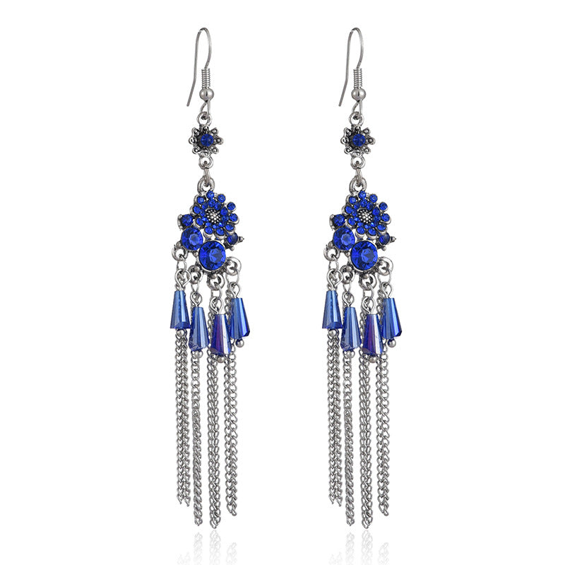 Chinese Style Long Crystal Chain Pattern Earrings