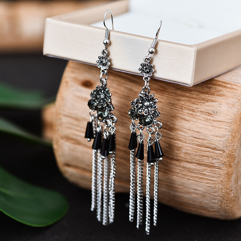 Chinese Style Long Crystal Chain Pattern Earrings