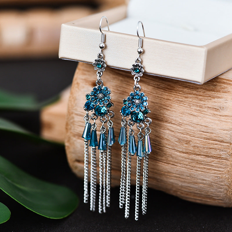 Chinese Style Long Crystal Chain Pattern Earrings