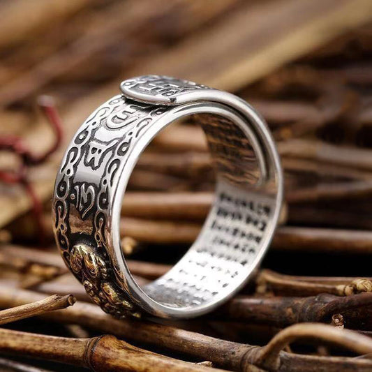 Women's & Men's Retro Six Words Mantra Auspicious Cloud Pattern Heart Rings