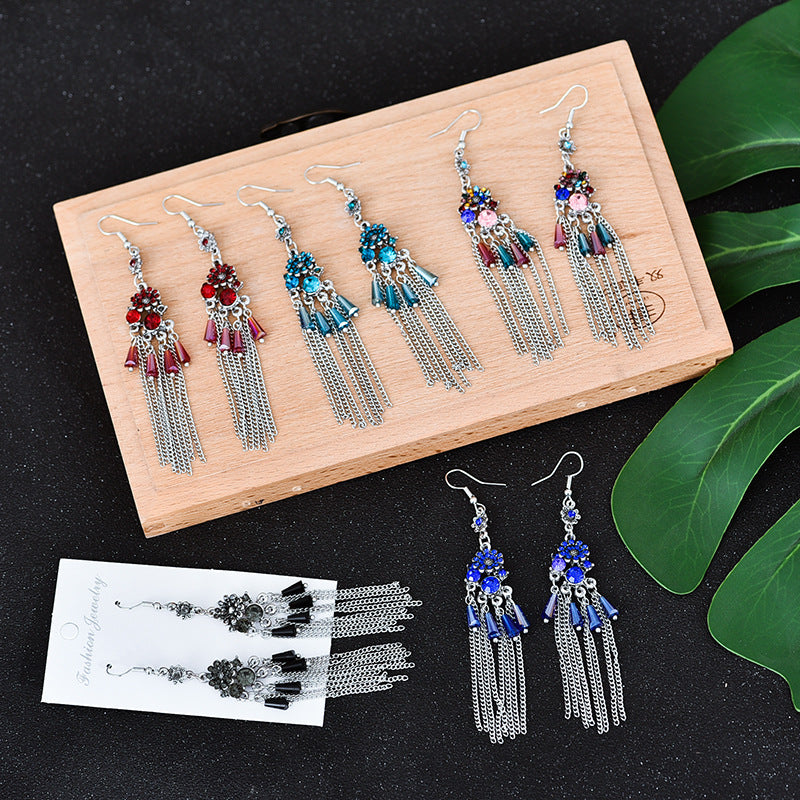 Chinese Style Long Crystal Chain Pattern Earrings