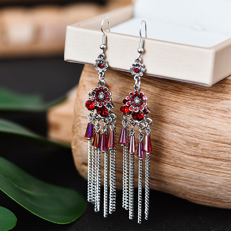 Chinese Style Long Crystal Chain Pattern Earrings