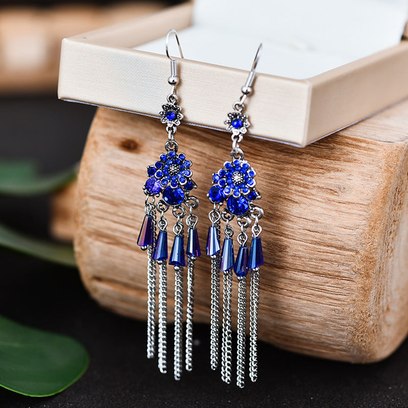 Chinese Style Long Crystal Chain Pattern Earrings