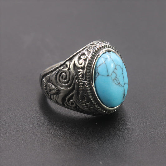 Men's Retro Series Turquoise Pattern Titanium Steel Rings