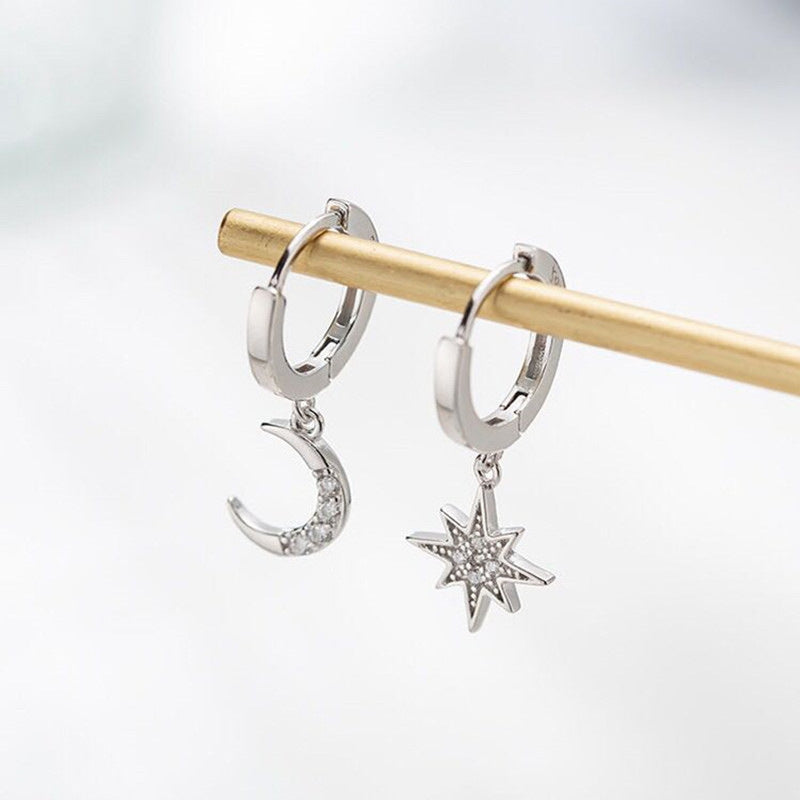 Women's Diamond Star Moon Asymmetric Ear Cold Earrings