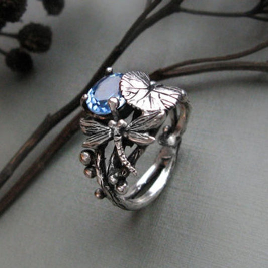 Creative Marcasite Vintage Inlaid Topaz Dragonfly Rings