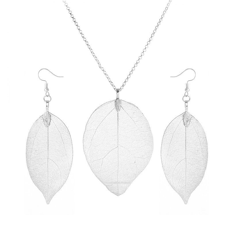 Natural Real Leaves Long Personality Simple Sweater Chain Jewelry Set