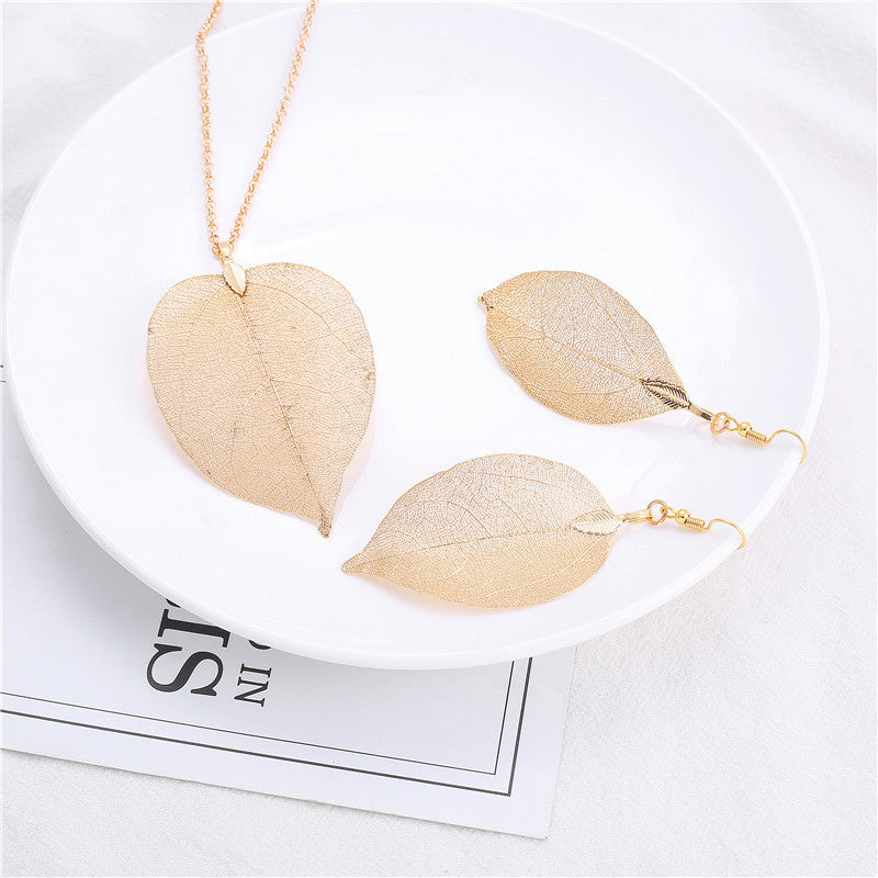 Natural Real Leaves Long Personality Simple Sweater Chain Jewelry Set