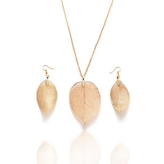Natural Real Leaves Long Personality Simple Sweater Chain Jewelry Set