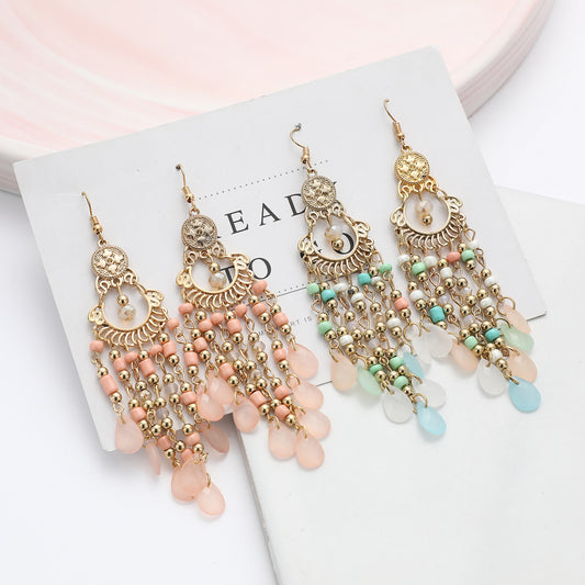Retro Ethnic Style Long Tassel Bead Bohemian Earrings