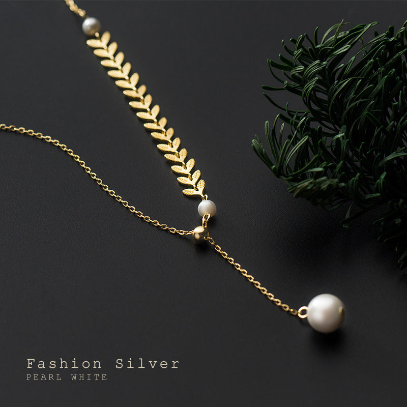 Women's Sier For Wheat Leaves Shell Pearls Adjustable Necklaces