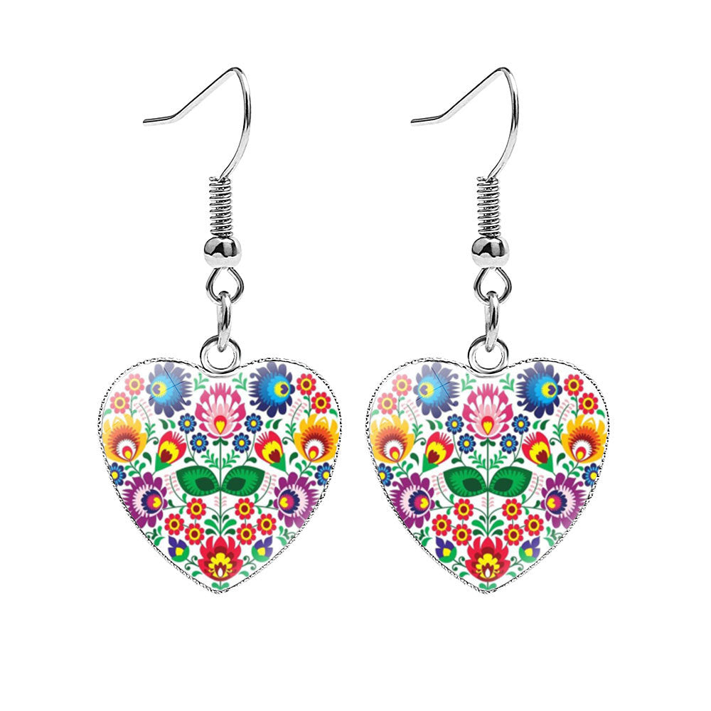 Heart-shaped Polish Style Folk Art Pattern Earrings