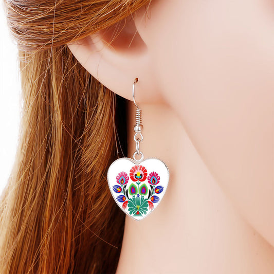 Heart-shaped Polish Style Folk Art Pattern Earrings
