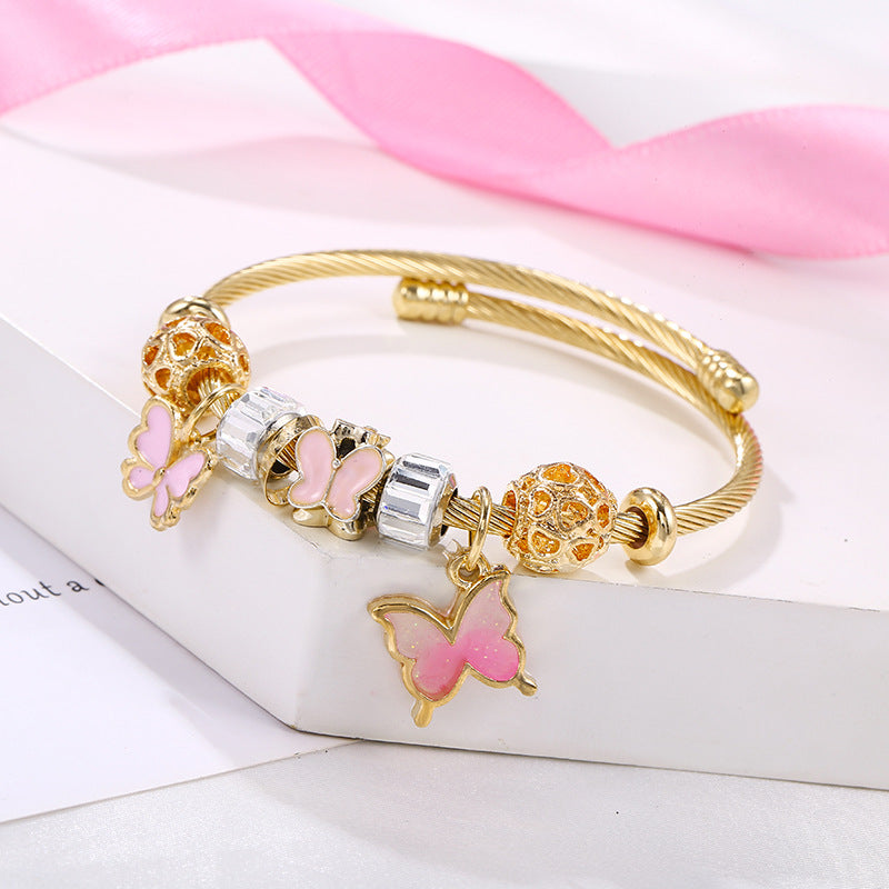 Steel Titanium Gold Pink Gradient Butterfly Beads Bracelets