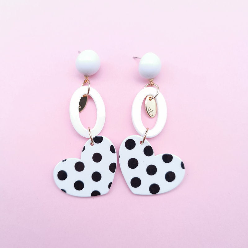Refined Long Small Heart Black White Polka Dot Simple Stud Earrings