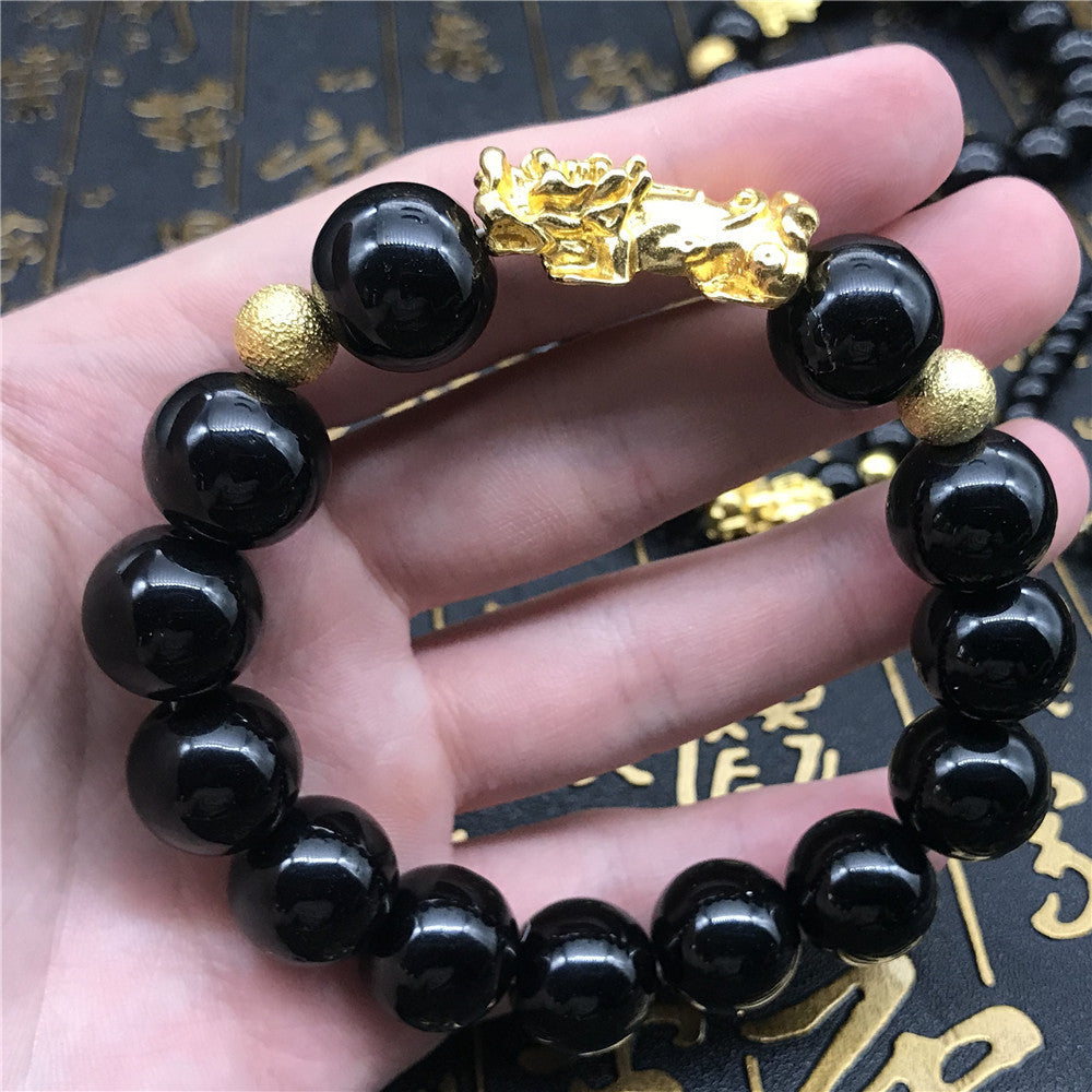 Women's & Men's Imitation Obsidian Money Drawing Pi Gold Bracelets