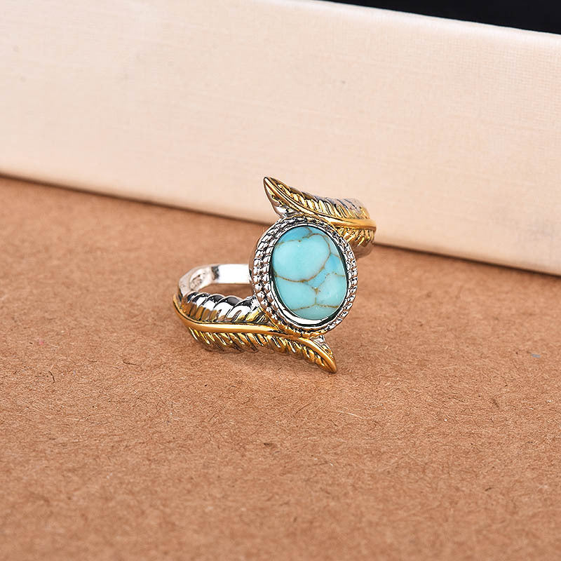 Luxury Inlaid Turquoise Feather Color Separation Ring