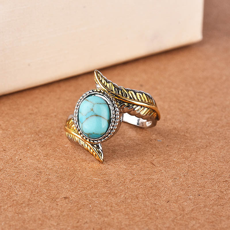 Luxury Inlaid Turquoise Feather Color Separation Ring