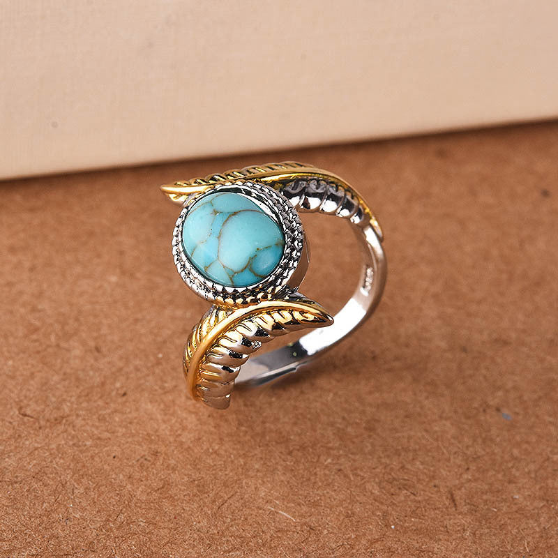 Luxury Inlaid Turquoise Feather Color Separation Ring