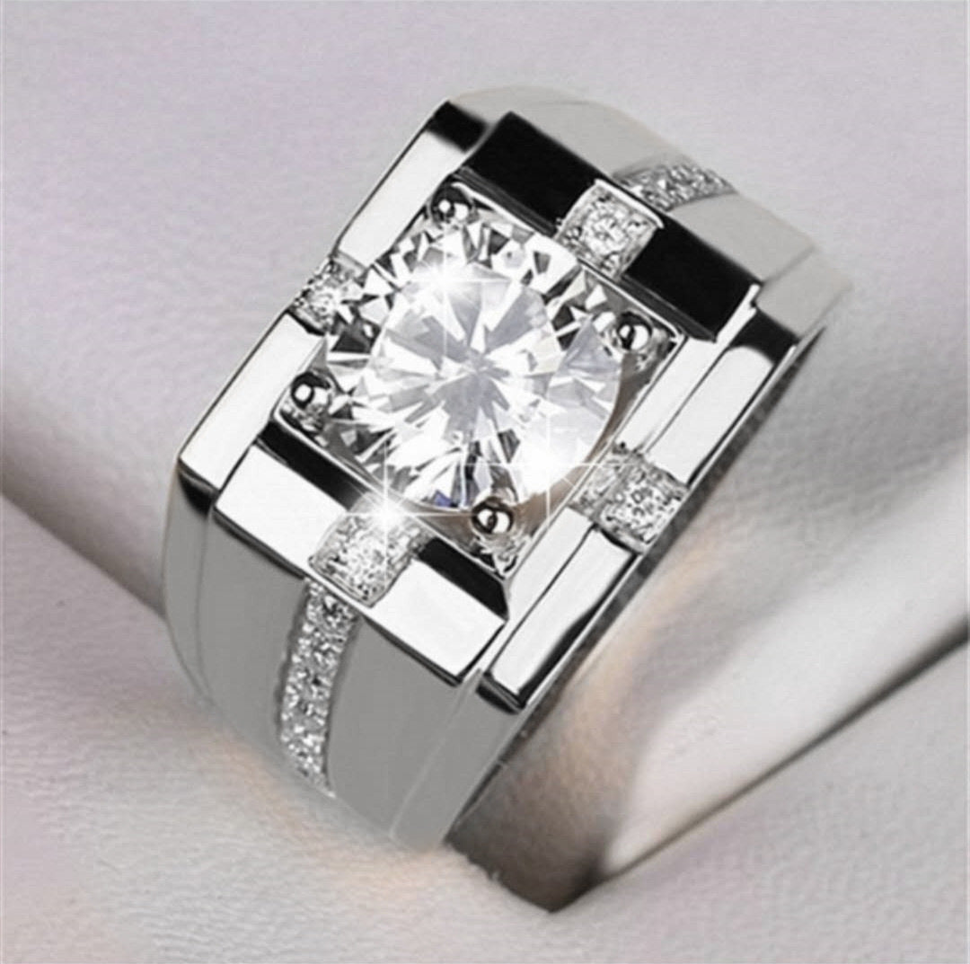 Men's Sier Business Imitation Moissanite Inlaid White Rings