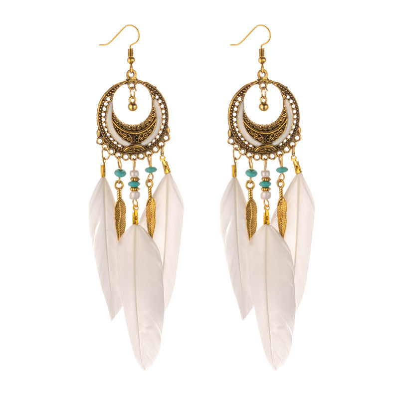 Women's Crescent-shaped Long Wine Red Feather Tassel For Retro Earrings