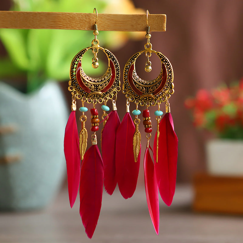 Women's Crescent-shaped Long Wine Red Feather Tassel For Retro Earrings