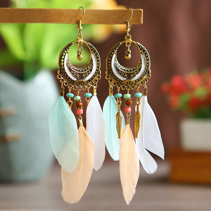 Women's Crescent-shaped Long Wine Red Feather Tassel For Retro Earrings