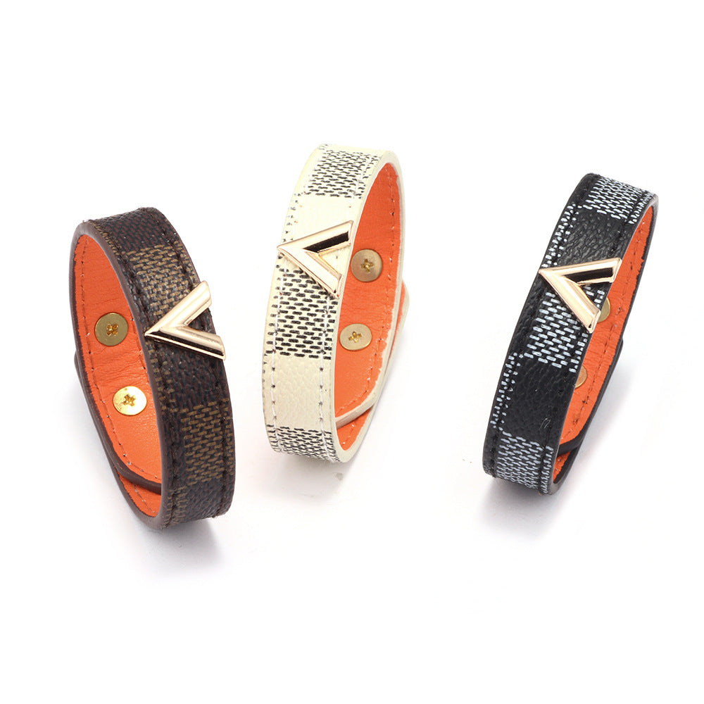 Women's & Men's V-shaped Leather Striped Ornament Bracelets